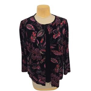 Elementz Velvet Cardigan Woman 1X Black Pink Glitter Floral 2-in-1 Attached Tank